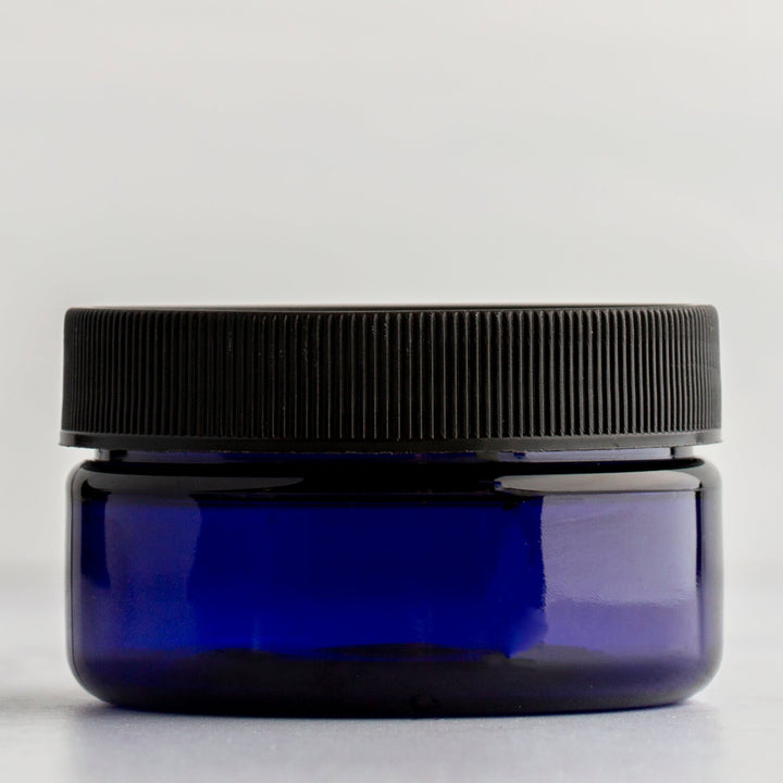 2 oz Blue Shallow Plastic Jar with Black Ribbed Cap