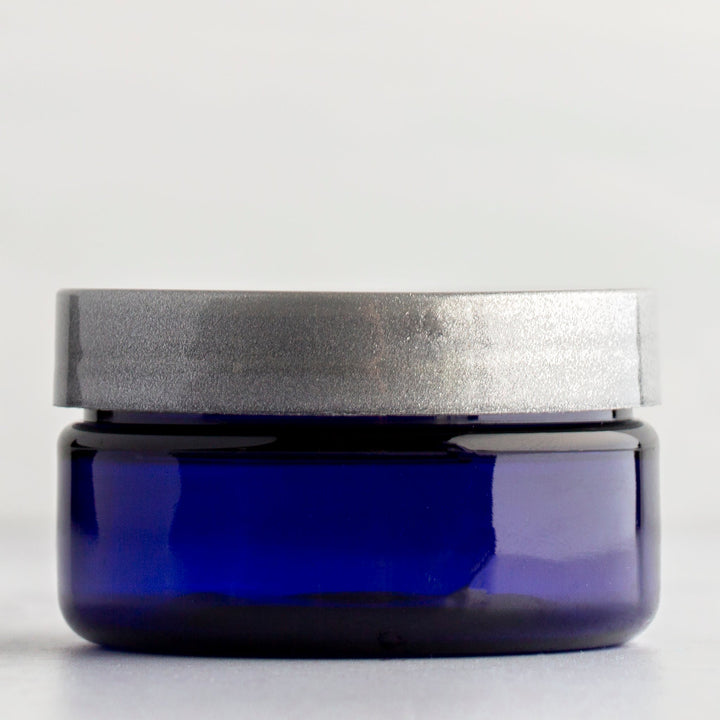 2 oz Blue Shallow Plastic Jar with Silver Flat Gloss Cap