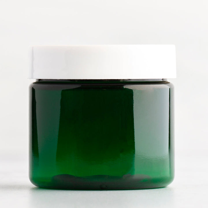 2 oz Green Straight Sided Plastic Jar with White Flat Gloss Cap