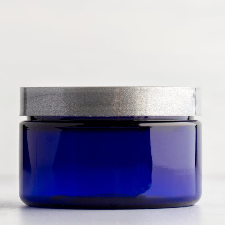 4 oz Blue Shallow Plastic Jar with Silver Flat Gloss Cap