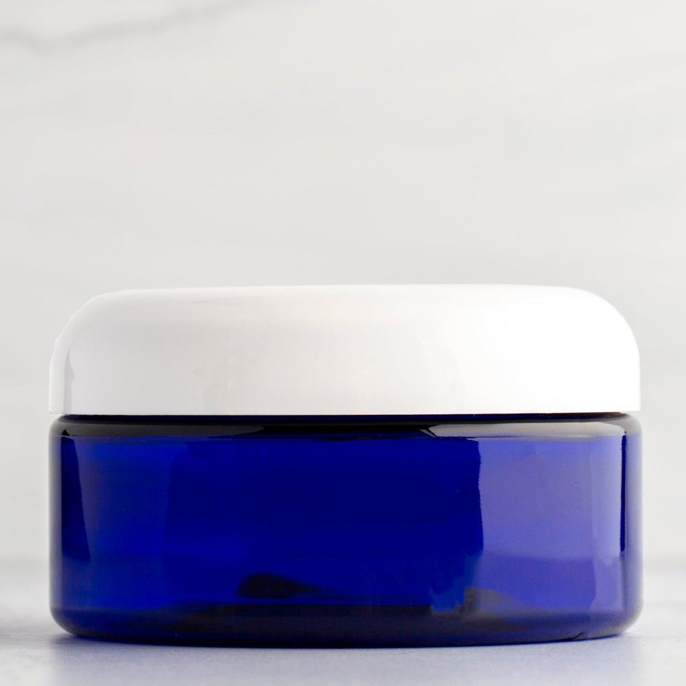 8 oz Blue Shallow Plastic Jar with White Dome Cap