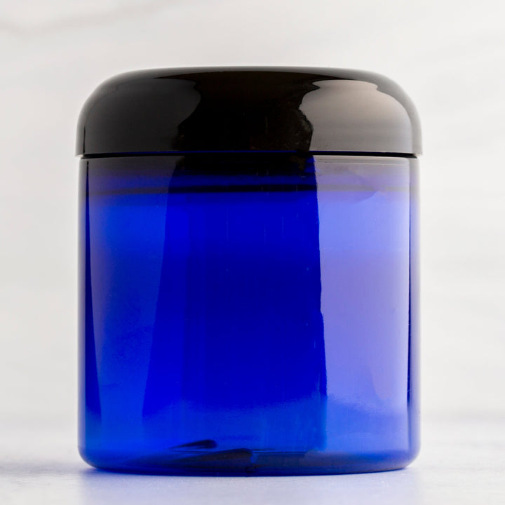 8 oz Blue Straight Side Plastic Jar with Black Dome Cap