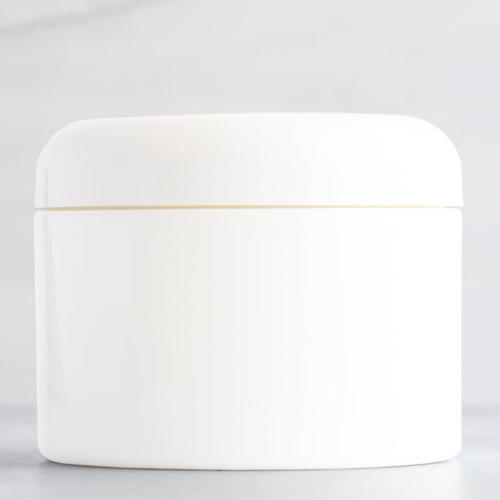 8 oz White Square Base Plastic Jar with White Dome Cap