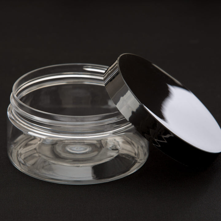 8 oz Clear Shallow Jar with Black Smooth Cap