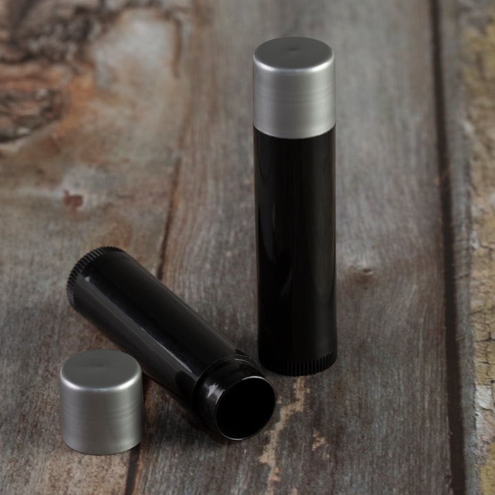 black lip balm tube silver cap